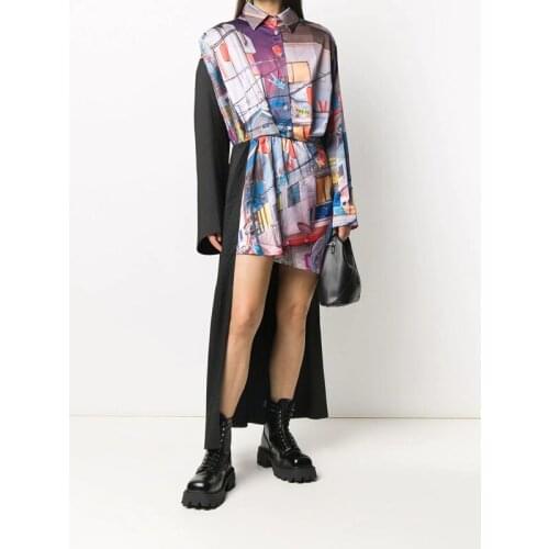 Quality 11.20 High End Fashion Asymmetrical Women Temperament Pleated Design Print Patchwork Lapel Shirt Dress