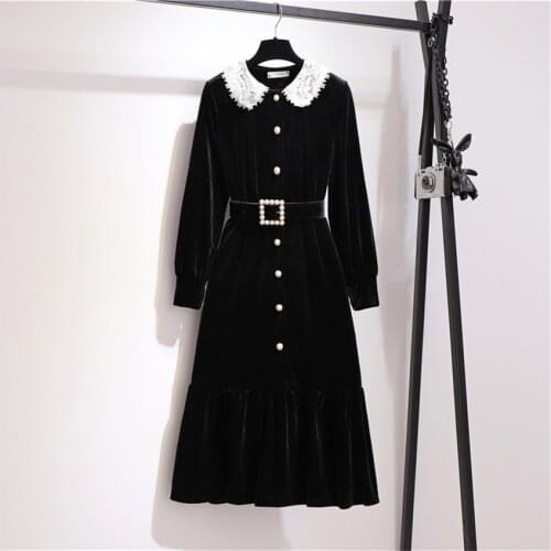 2019 Autumn Winter Vintage Women Gold Velvet Dresses Lady Long Sleeve Lace Dress Midi long Sashes Dress Vestidos Femininas W1078