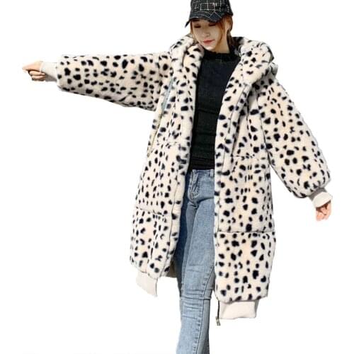 2021 New Hooded Leopard Coat Winter Parka Women Faux Fur Coat Loose Large size Thick Warm zipper Fur Overcoat Women Long Jacket