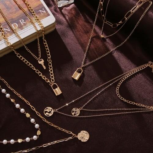 ZOVOLI Fashion Layered Chain Lock Portrait Pendants Necklaces For Women Gold Metal Key Heart Necklace Set Design Jewelry Gift