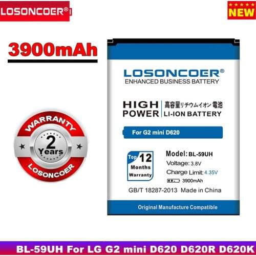 LOSONCOER 3900mAh BL-59UH Battery for LG G2 mini D620 D620R D620K L65 D285 D618 D315 F70 D410 + Tracking number
