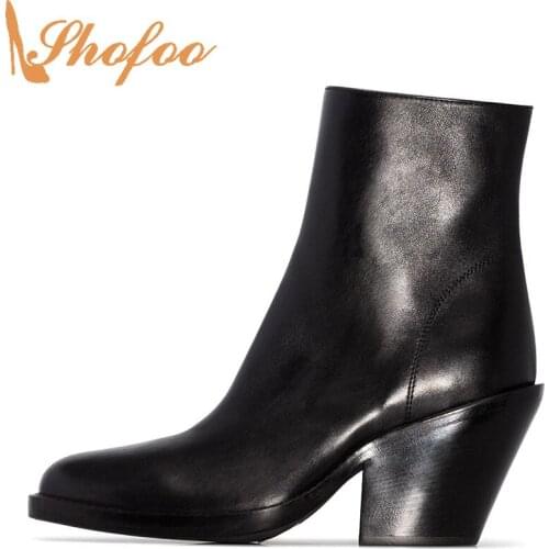 Black Ankle Boots Woman Med Chunky Heels Round Toe Zippper Large Size 12 15 Ladies Winter Fashion Mature Booties Shoes Shofoo