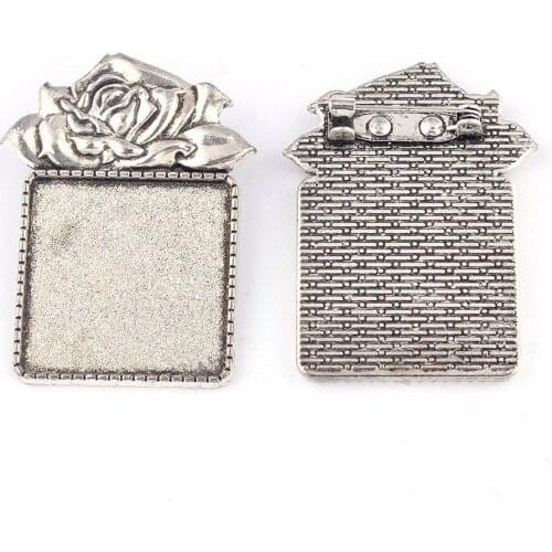 2 Pieces 25x25mm Internal Size Brooch Rose Antique Silver Pendant Inlaid Convex Round Relief Base Tray Baffle Outer Size 43*27mm