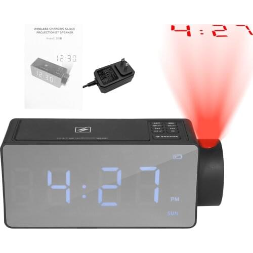 Alarm Clock with BT Speaker 180°Projector Wireless Charging Dual Alarms Snooze Large Mirror LED Display Dimmer for Office