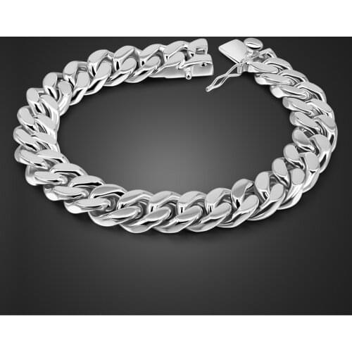 Original Genuine 100% 925 Sterling Silver Bracelets Men 13.5MM Curb Cuban Chain 7.5-10 inch Solid Silver Punk Fine Jewelry Gift