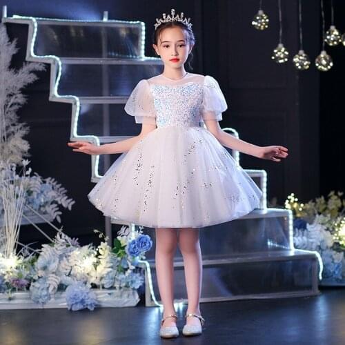 Little Flower Girls Baby 3~11T Elegant Sweet Pink White Sequined Design Birthday Wedding Party Princess Fluffy Dress Clothes