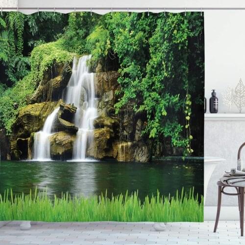 Double Waterfalls Flow to Natural Green Lake with Bushes and Grass Like Garden Print, Cloth Fabric Bathroom Decor Set with Hooks
