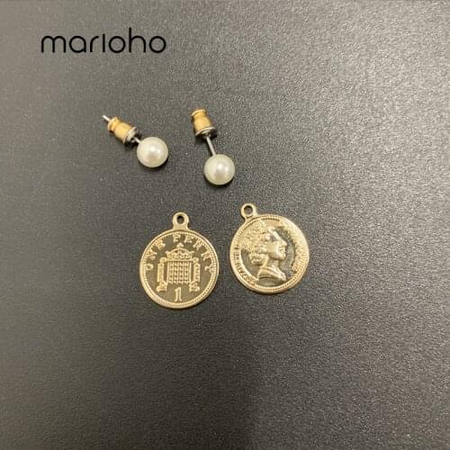 Marioho Elegant Matte Metal Gold Coin Shape Geometric Irregular Natural Imitation Pearl Drop Earrings For Girls Girls