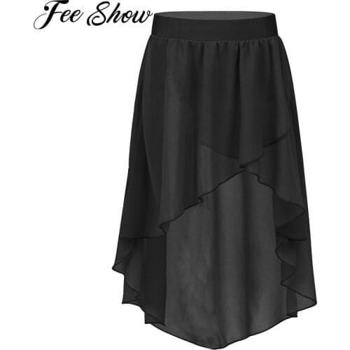FEESHOW Kids Teens High-Low Elastic Waistband Chiffon Skirt Children Girls Ballet Tutu Latin Jazz Stage Lyrical Dance Costumes