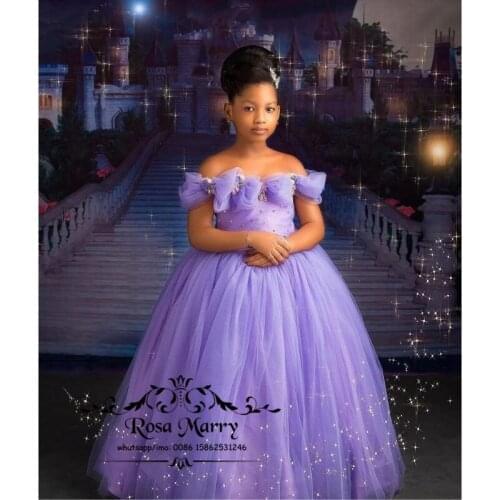 Princess Purple Girls Pageant Dresses 2021 Off Shoulder Crystals 3D Floral Toddler Infant First Communion Birthday Prom Gowns