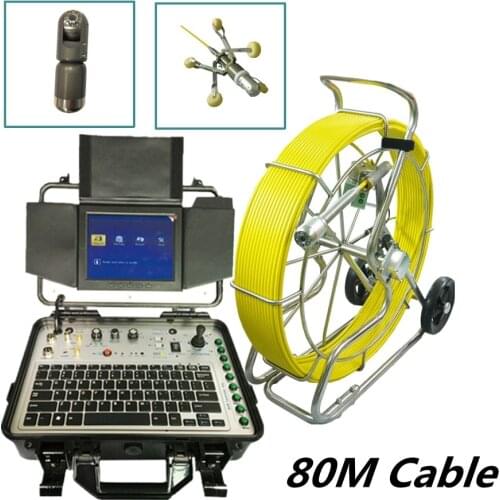 Sewer drain pipe inspection camera 80m fibreglass cable 360 degree 50mm Pan Tilt rotation head and stainless steel skid