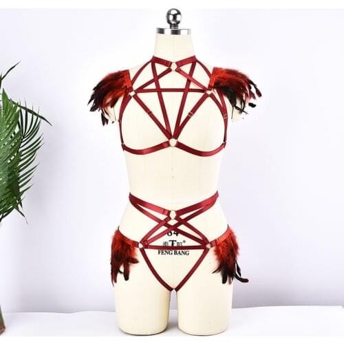 Women Handmade Red Feather Epaulette Body Harness Belt Harajuku Pentagram Bra 90s Feather Panties Briefs Gothic Body Harnes Set
