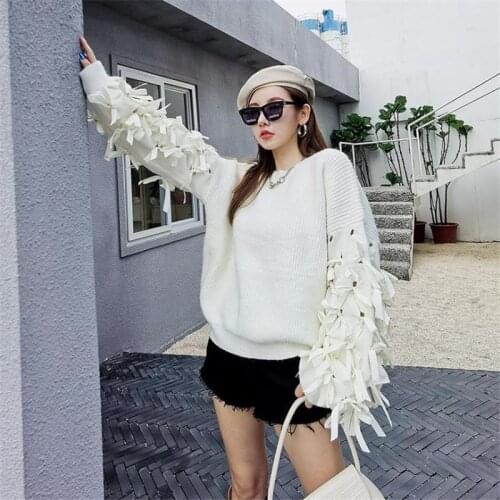 2020 Spring Autumn New Bow Long Sleeve Round Neck Pullover Sweater Womens Solid Color Rhinestone Loose Casual Warm Top