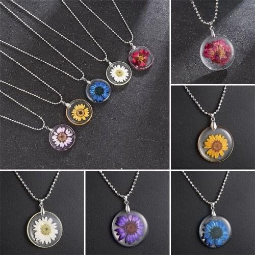 1 PC Hot Sell Transparent Resin Dried Flower Daisy Necklace Handmade Boho Pendant Silver Color Ball Chain Women Gift 45cm Long