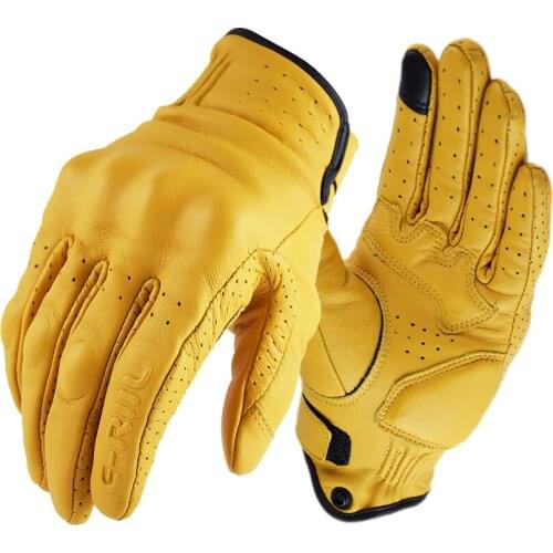 Retro Mans Leather Motorcycle Glove Perforated Summer Breathable Protective Gloves Full Finger Touch Screen Moto Racing Glove