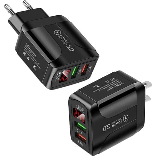 Hot QC3.0 Dual USB Phone Charger 18W Quick Charge LED Display Travel Wall Adapter for iPhone 12 Samsung Xiaomi