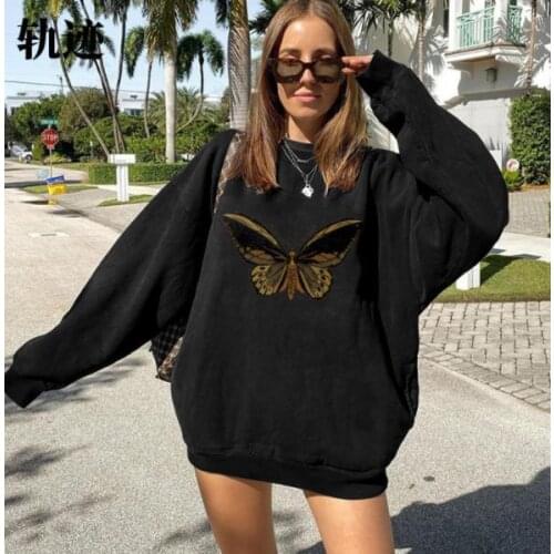 Spring Autumn O-Neck Butterfly Print Pullover Women Korean Loose Clothes oversized Sweatshirt Vintage Harajuku Korean hoodie
