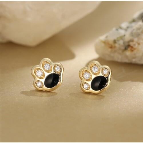 Cute Cat Paw Dog Claw Earrings White Zircon Small Stud Earrings Vintage Gold Color Black Footprint Earrings For Women Minimalist