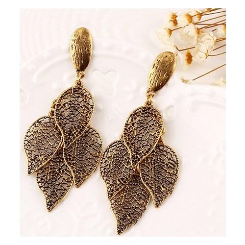 New European and American fashion retro metal leaf earrings jewelry top quality luxury double leaf earrings are hypoallergenic