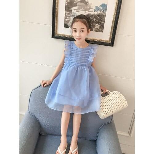Blue Fashion Summer Short Girl Dress Party Tulle Korean Boutique Outfits Cute Flower Girls Dress Princess Robe Clothes BW50DR