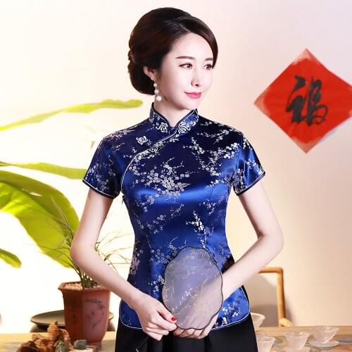 Plus Size 3XL 4XL Mandarin Collar Traditional Shirt Chinese Women Blouse Novelty Stage Performance Clothing Blue Flower Tops