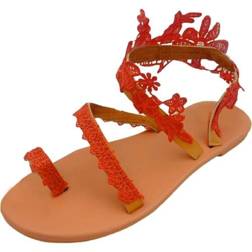 2021 Women Flat Shoes Summer Bohemian Flower Lace Sandals Outdoor Retro Roman Style Slip On Shoes Plus Size Chaussures Femme