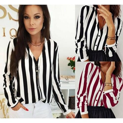 Women Vertical Striped Shirts Long Sleeve V-neck Loose Tops Shirt OL Ladies Plain Casual Button Blouse