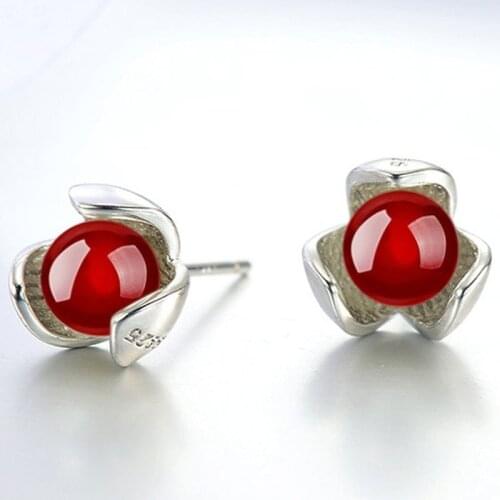 Silver Color Red Crystal Stud Earrings Exquisite Black Onyx Earrings Bride Gem Earrings for Women Daily Jewelry Accessories