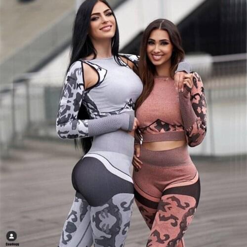 Women Seamless Yoga Sets Camouflage Sports Sets Long Sleeve Crop Top Shirts High Waist Yoga Pants Fitness Gym Clothing Yoga Suit