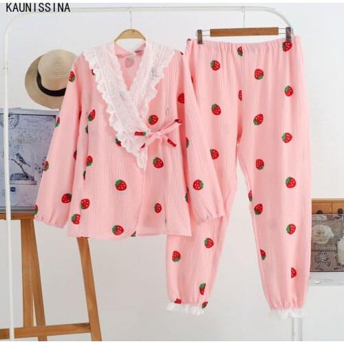 Women Pajama Set Crepe Gauze Cotton Strawberry Print Maternity Pajamas Set Spring Summer Postpartum Breastfeeding Home Clothes