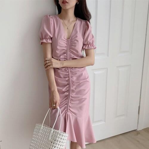 2021 New Women Summer Elegant V Neck Long Fishtail Dress Vertical Shirring Ruffle Hem Slim Sundress French Style