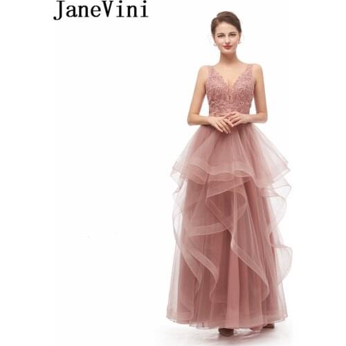 JaneVini Elegant Tulle Gown Backless Long Evening Dresses for Women Beaded Pearls Ladies Formal Party Dress 2020 Dluga Sukienka