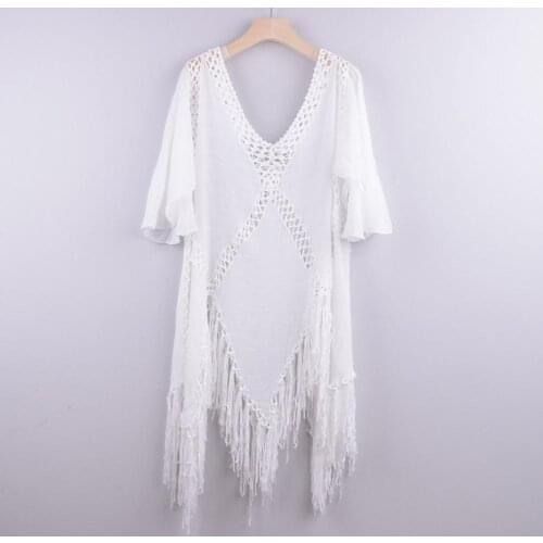 Loose Hollow Out Cover Up Backless Cover Up With Tassels Sexy V-neck Halter Beach Dress Women 2021 Summer Bathing Suit Beachwear