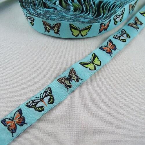 16mm Blue Background Butterfly Polyseter Woven jacquard ribbon trim 10 yards/lot, DIY handmade Sewing Accessory Trims Tape CX43