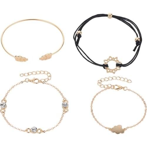 4 Pcs / Set Trendy Cloud Leaf Bling Clear Crystal Golden Silver Plated Alloy Bracelets For Women Girls