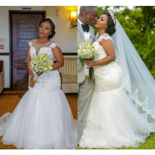 African Mermaid 2021 Bridal Gowns Wedding Dresses Beaded Illusion Sheer Neck White Tulle Lace Arabic Country Plus Size