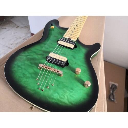 Free shipping custom 6 string guitar,black green guitar,quited maple veneer,basswood body,maple neck,strings through body