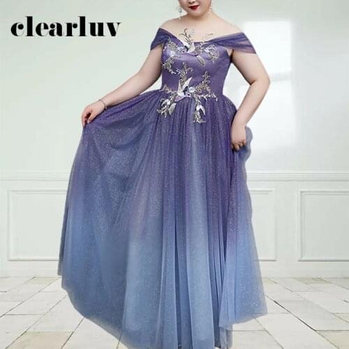 Sparkling A-Line Evening Dress DR1028 Gradient Purple Robe De Soiree O-Neck Short Sleeve Women Party Gown Lace Up Formal Dresses