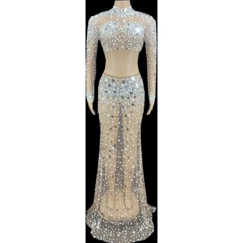 Sparkly Rhinestone Pearl Mirrors Transparent Top Long Skirt Two Pieces Set Womens Birthday Celebrate Evening Prom Party Dress