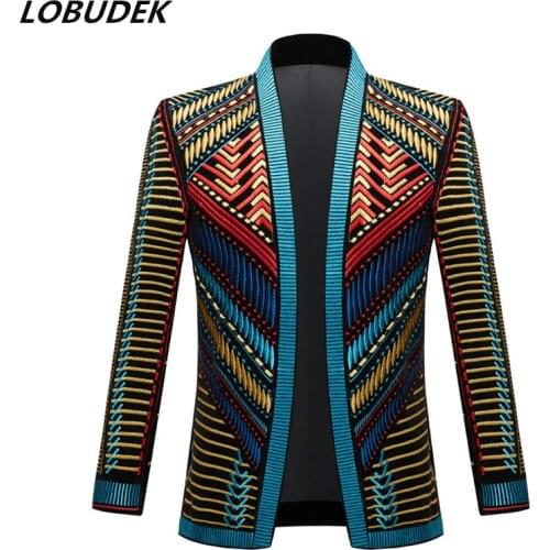England Style Court Blazer Vintage Embroidery Slim Suit Jacket Male Wedding Tuxedo Singer Host Stage Performance Coat Plus Size