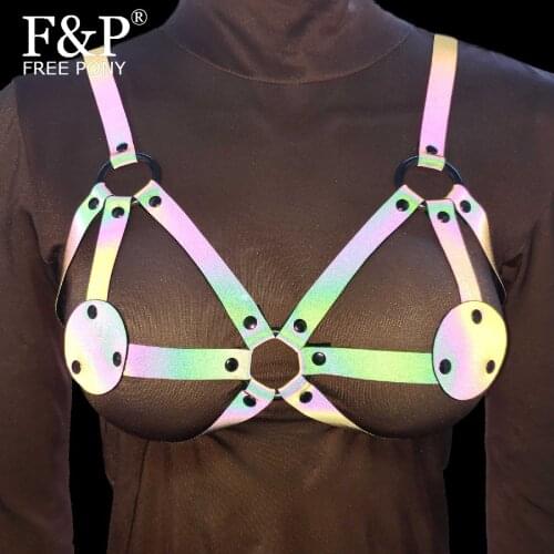 Handmade Holographic Rainbow Reflective Leather Chest Harness Bra Top Rave Outfits Burning Man Festival Carnival Fetish Costumes