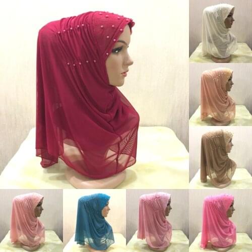 Beautiful big girls adults hijab two layers net fabric muslim Al amira hijab with crinkled beads islamic scarf head wrap
