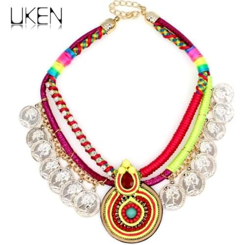 UKEN Fashion Choker Jewelry Rhinestones Rope Chain Coin Pendant Women Hand Made Statement Necklace Dress Accessories N3740