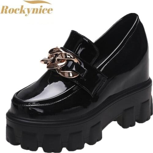 New 2021 Autumn Women Patent Leather Chunky Sneakers Breathable Chain High Heels British Style Platform Casual Shoes Woman 10cm