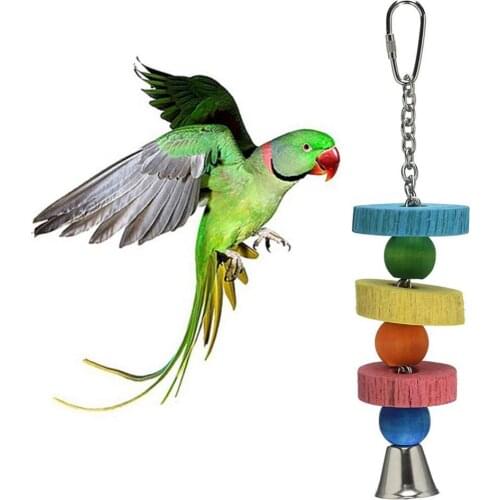 Pet Birds Parrot Wood Building Blocks Bell String Hanging Molar Bite Chewing Toy Color Fantasy Bird Cage Pendant With Bell