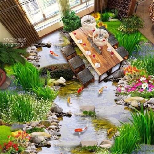 Beibehang 3D plant floral floor film small stream water nine fish figure 3D floor floor tiles to map non-slip durable PVC floor
