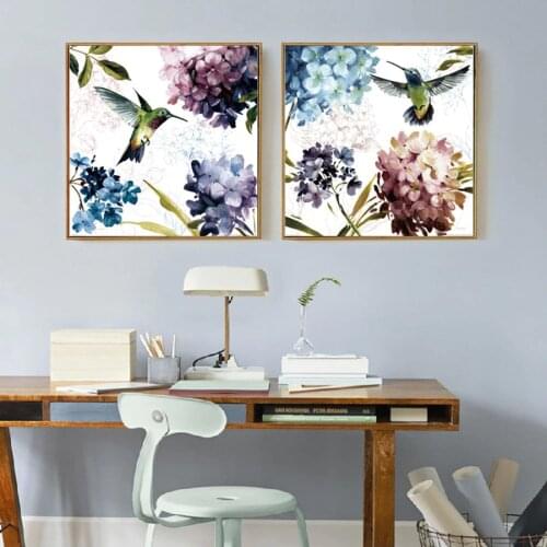 Nordic Flowers Poster Purple Hydrangea Hummingbird Canvas Painting Modern Home Decoration Bedroom Wall Art Pictures No Frame