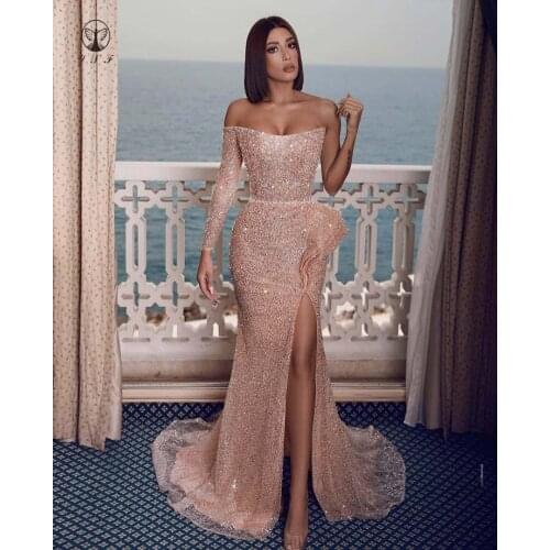 Sexy Strapless Bling Bling Sequin Lace Long Sleeve Ruffled High Slit Mermaid Prom Dresses