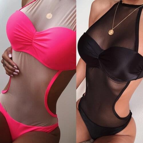 Sexy Halter Sleeveless Backless Slim Bodysuits Womens Summer Beach Mesh Patchwork See Through Bikini Jumpsuits Female Swimsuits