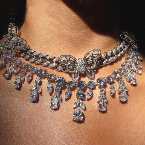 Silver Color 12mm Iced Out Bling CZ Miami Cubann Link Chain Choker CZ Butterfly Pendant Necklace Hip Hop Women Jewelry 2021 New